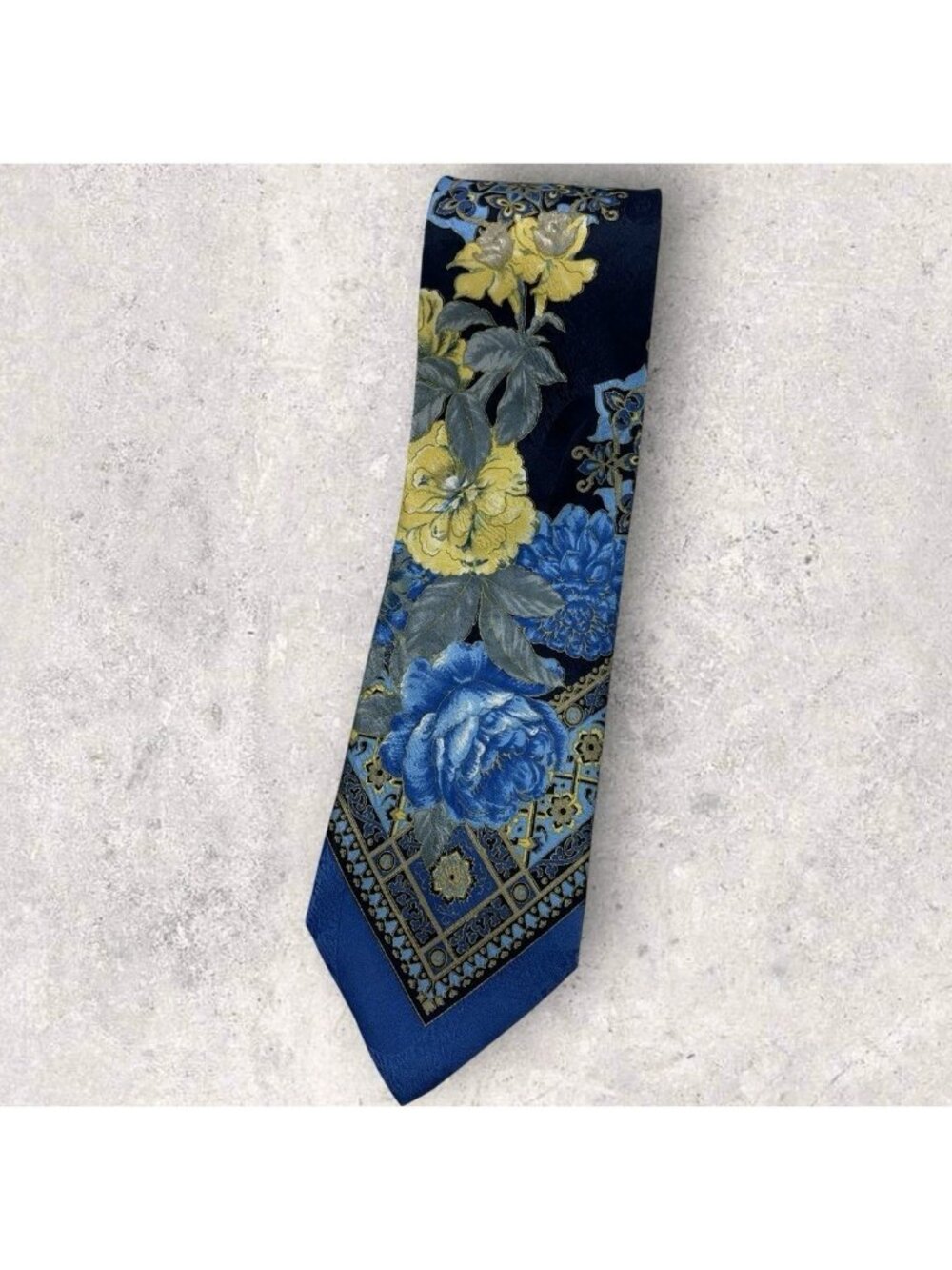 PAL ZILERI Silk Tie ITALY Blue Gray Yellow Geometric Floral W:3.8" EUC